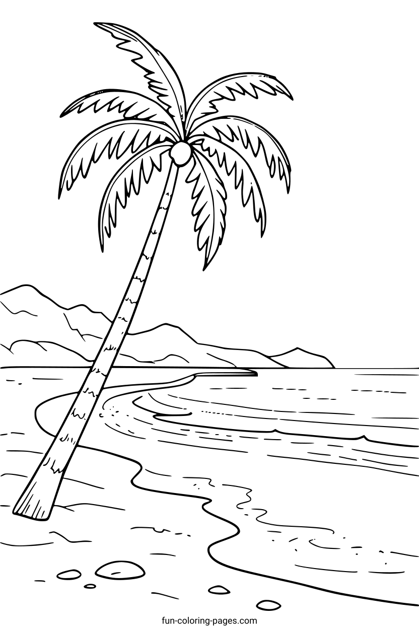 Tropical Beach With Palm Tree – free printable coloring page, available as PDF and SVG