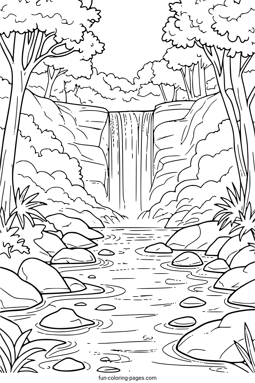 Tropical Waterfall Landscape – free printable coloring page, available as PDF and SVG