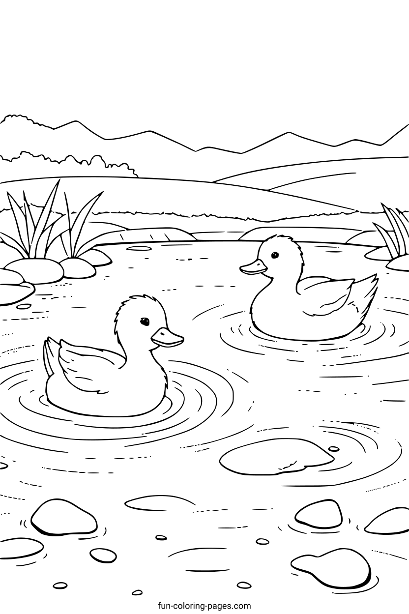 Two Ducklings in a Pond – free printable coloring page, available as PDF and SVG