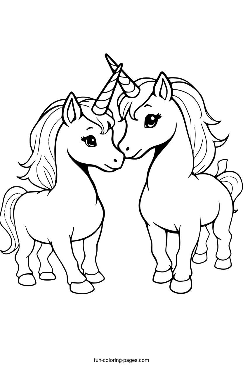 Two Loving Unicorns – free printable coloring page, available as PDF and SVG