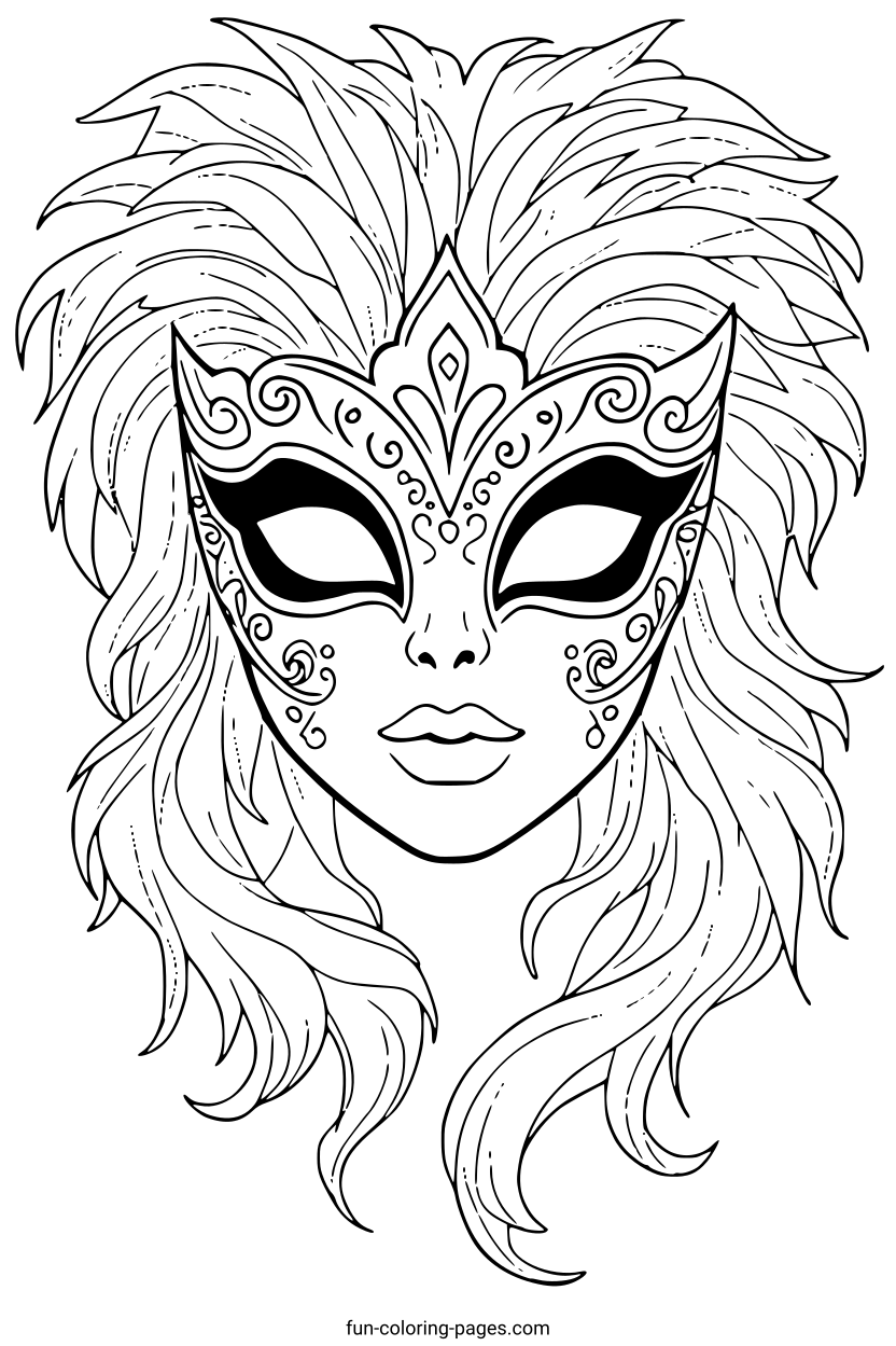 Venetian Mask with Feathers – free printable coloring page, available as PDF and SVG