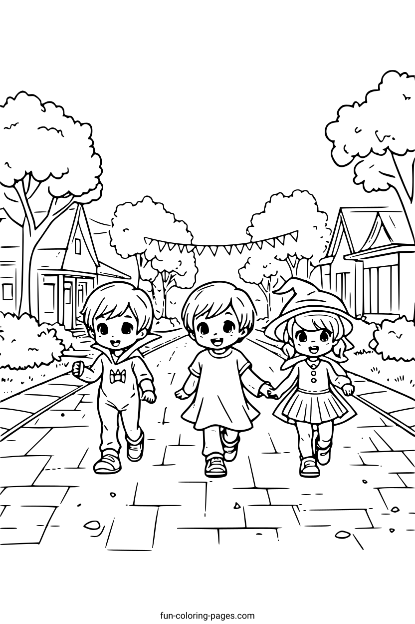 Children going Trick or Treat – free printable coloring page, available as PDF and SVG