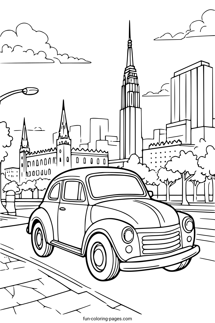 Vintage Car in Cityscape – free printable coloring page, available as PDF and SVG