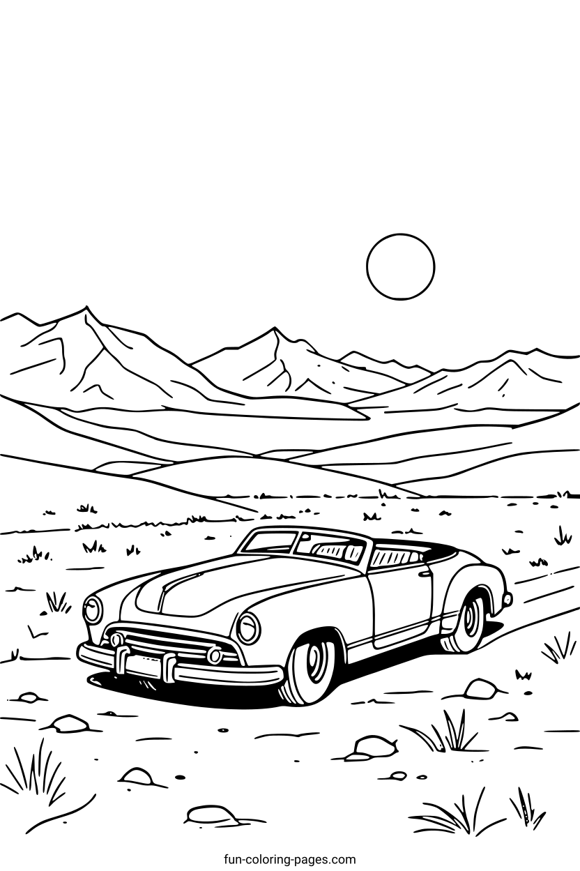 Vintage Car in Desert – free printable coloring page, available as PDF and SVG
