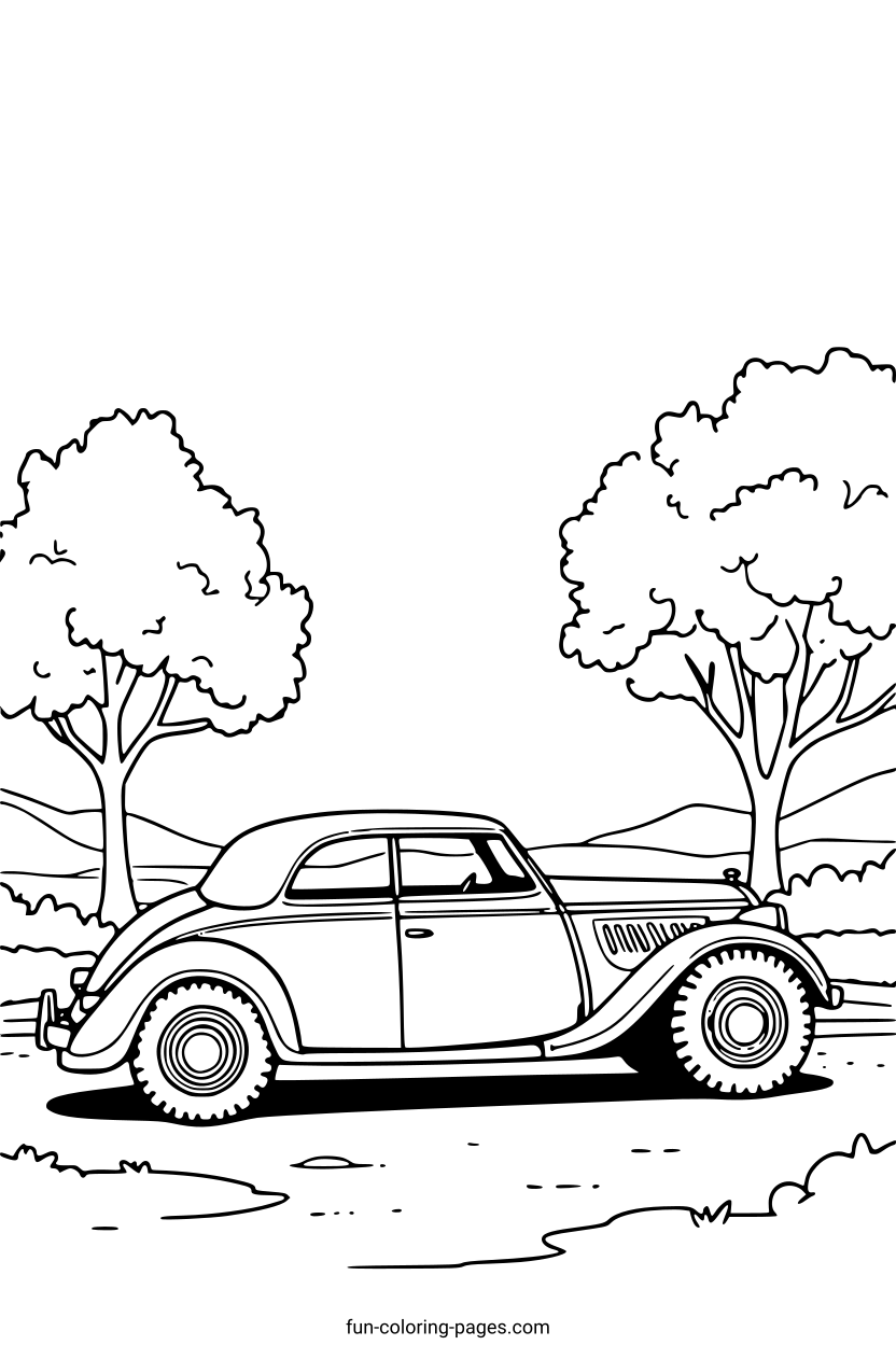 Vintage Car in Park – free printable coloring page, available as PDF and SVG
