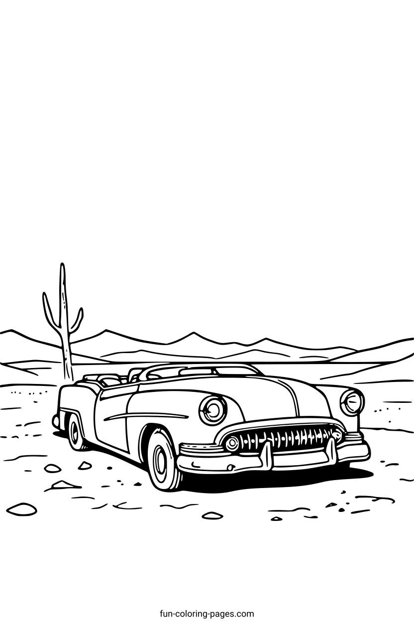 Vintage Convertible in Desert – free printable coloring page, available as PDF and SVG