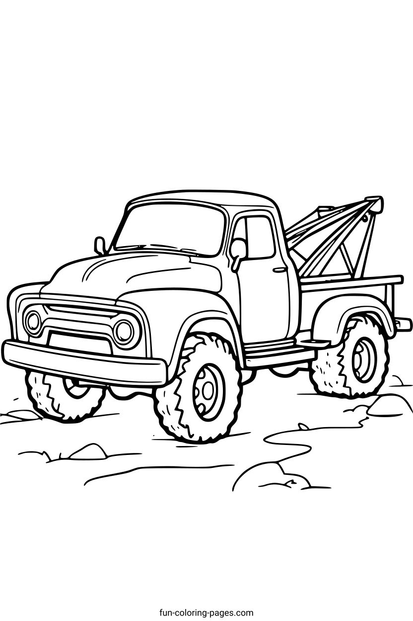Vintage Tow Truck Off-Road – free printable coloring page, available as PDF and SVG