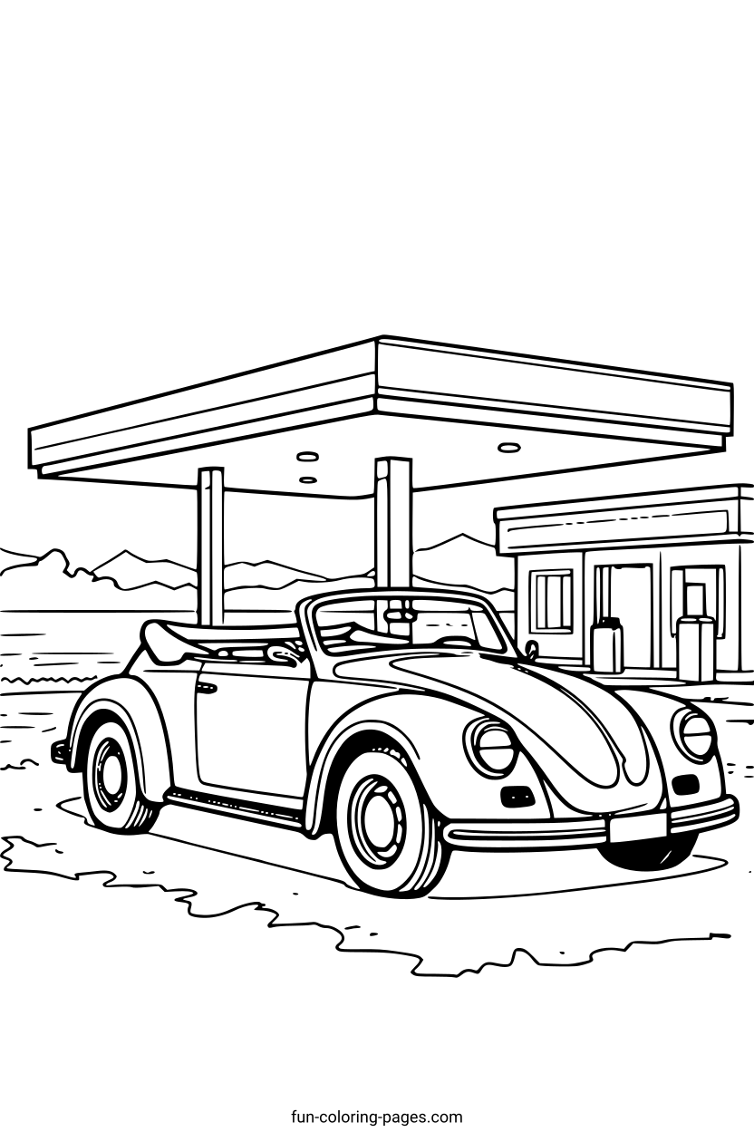 VW Beetle at Retro Gas Station – free printable coloring page, available as PDF and SVG