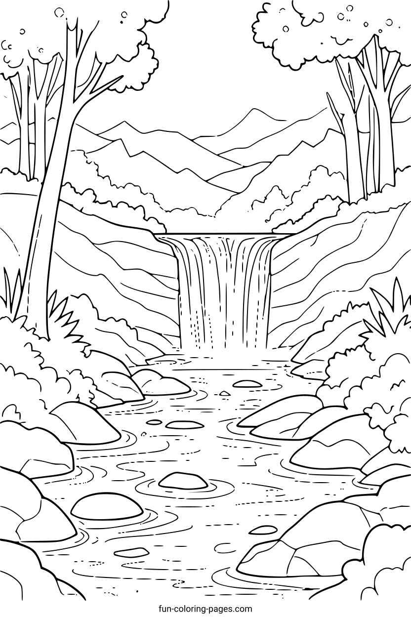 Waterfall in Forest Valley – free printable coloring page, available as PDF and SVG