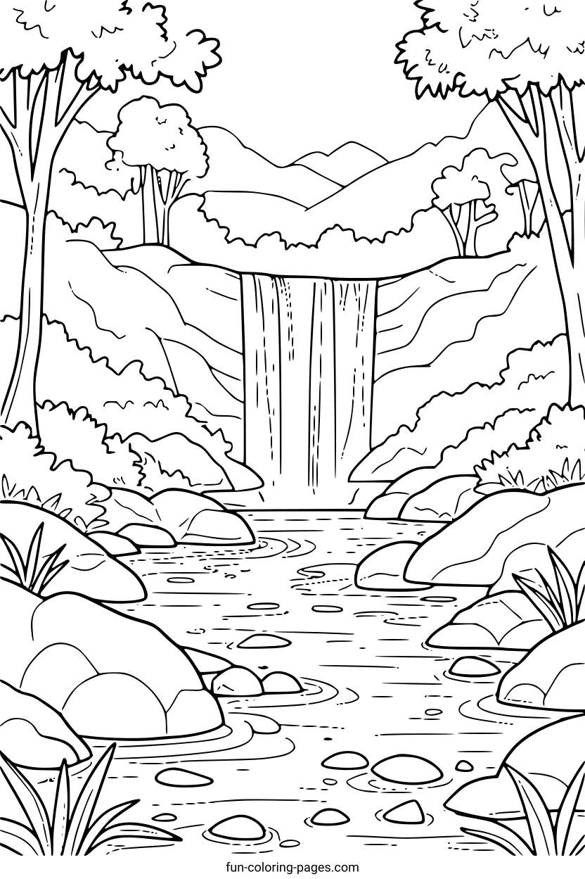 Waterfall in the Forest – free printable coloring page, available as PDF and SVG