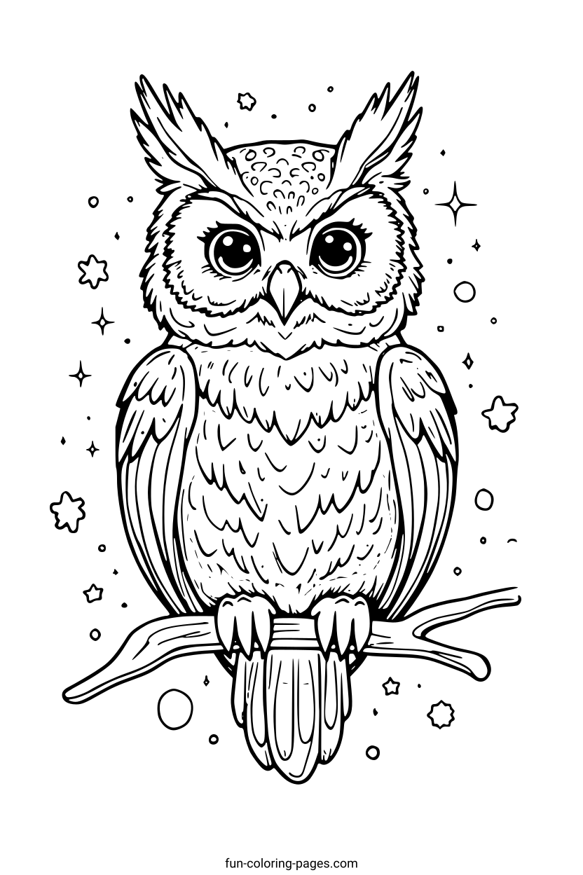 Wise Owl Under Starry Sky – free printable coloring page, available as PDF and SVG