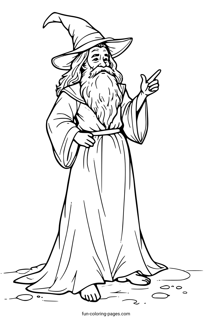 Wise Wizard Pointing Forward – free printable coloring page, available as PDF and SVG