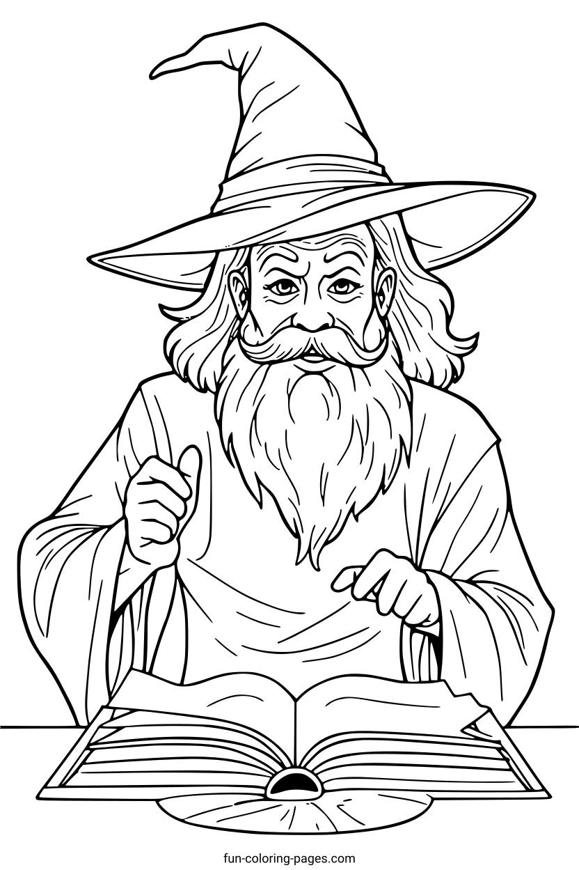 Wise Wizard Reading Book – free printable coloring page, available as PDF and SVG