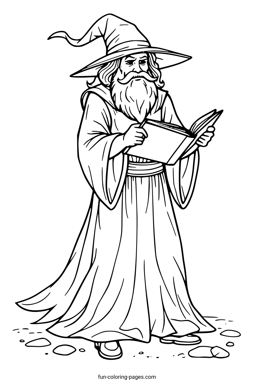 Wise Wizard Writing – free printable coloring page, available as PDF and SVG