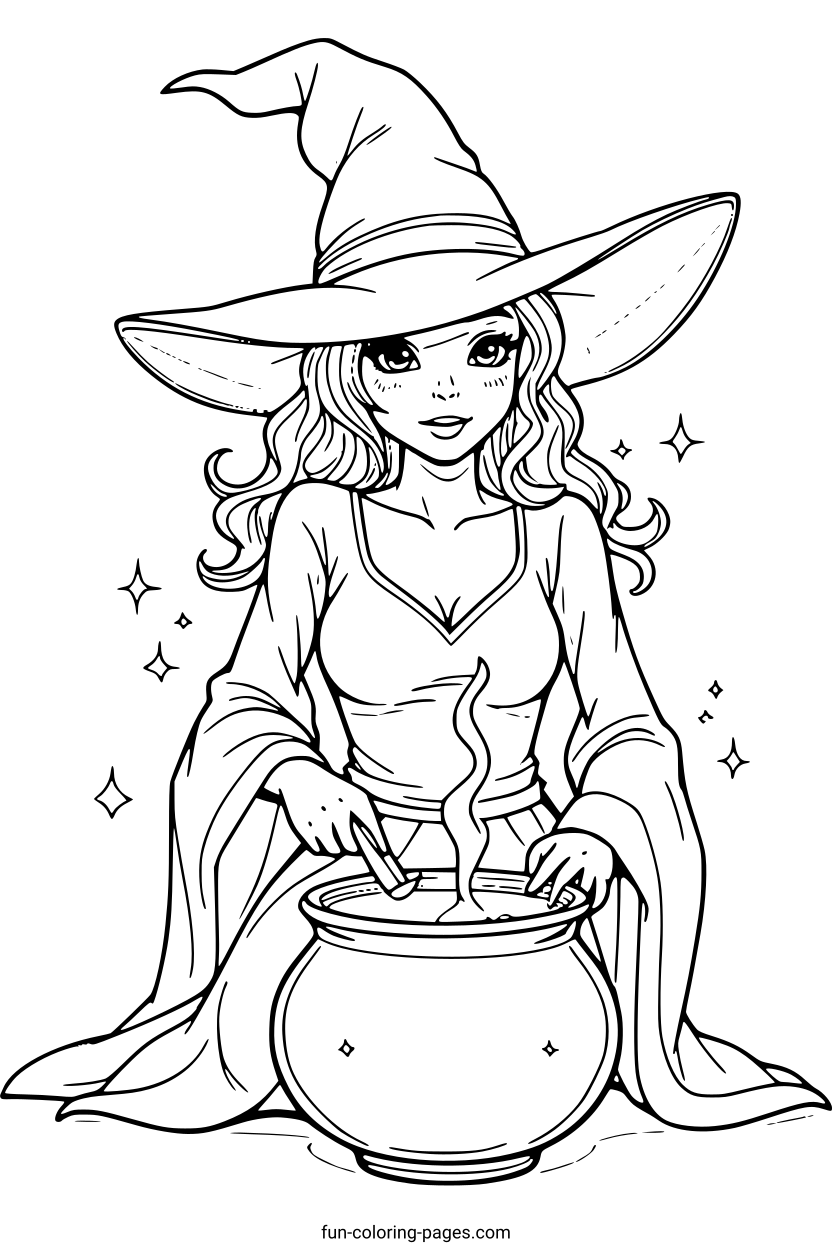 Witch Brewing a Potion – free printable coloring page, available as PDF and SVG