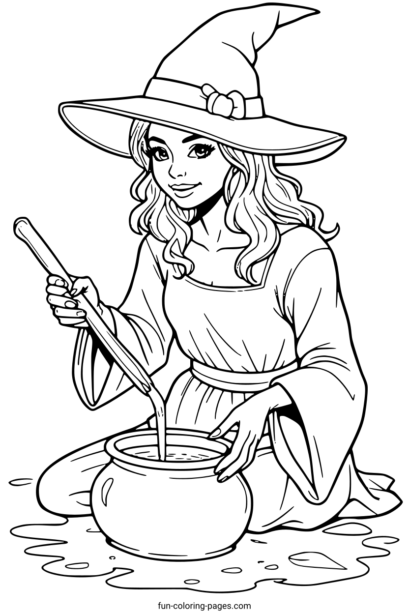 Witch Brewing a Potion – free printable coloring page, available as PDF and SVG