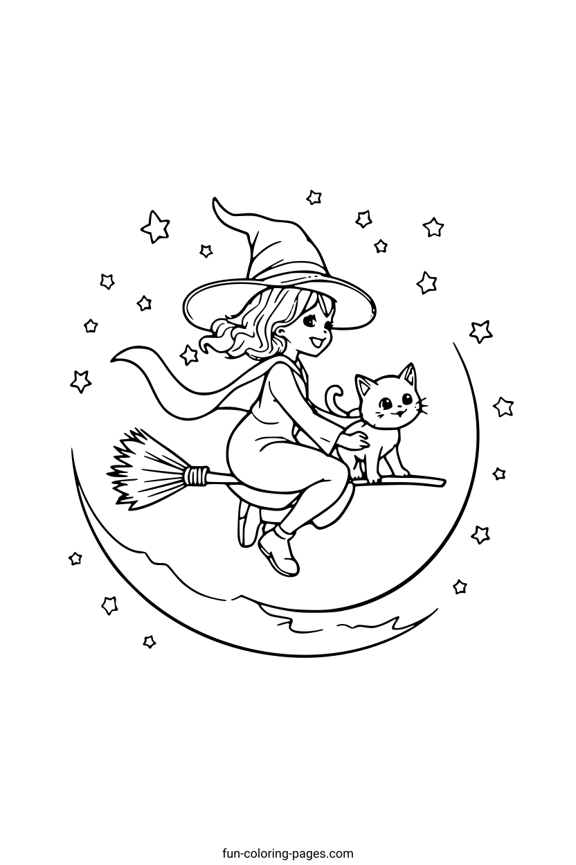 Witch on a Moonlit Broomstick – free printable coloring page, available as PDF and SVG