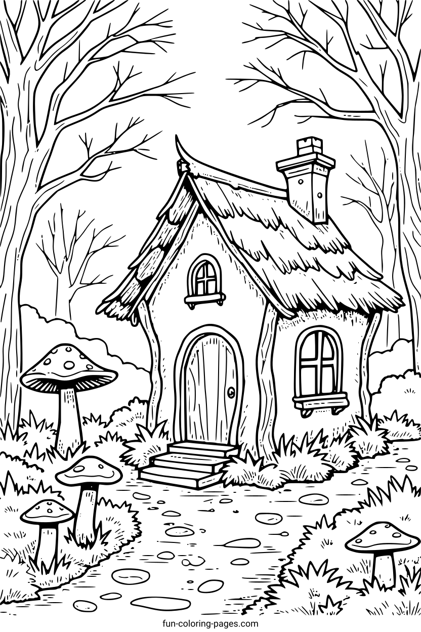 Witch's Cottage in the Woods – free printable coloring page, available as PDF and SVG