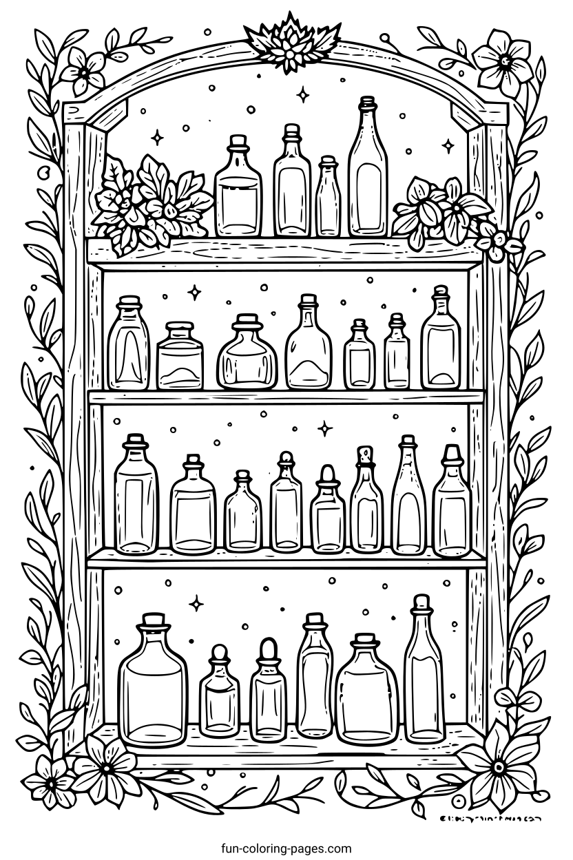 Witch's Potion Shelf – free printable coloring page, available as PDF and SVG