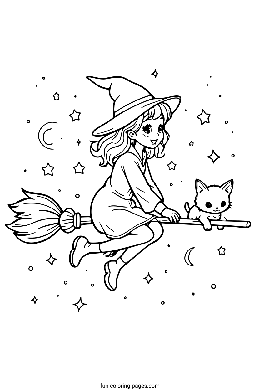 Witch with a Kitten on a Broomstick – free printable coloring page, available as PDF and SVG