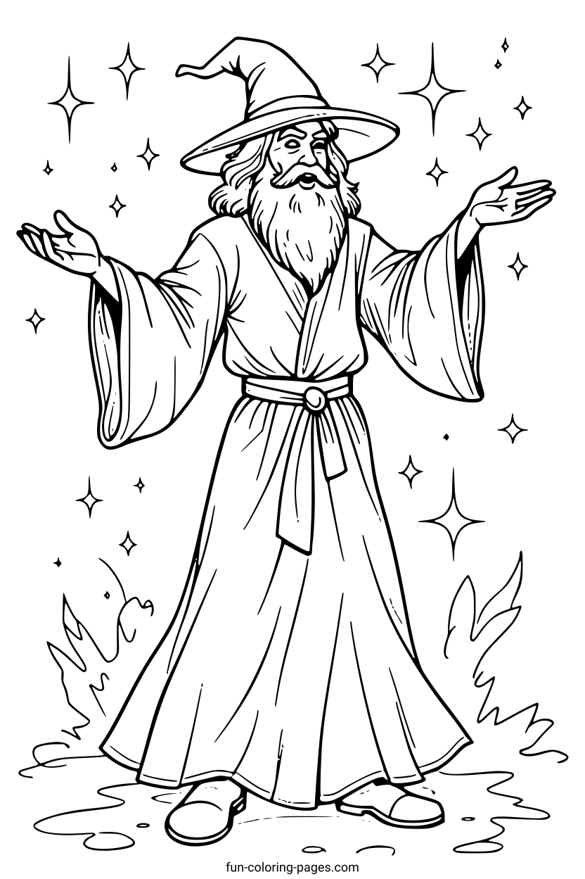 Wizard Casting a Spell – free printable coloring page, available as PDF and SVG