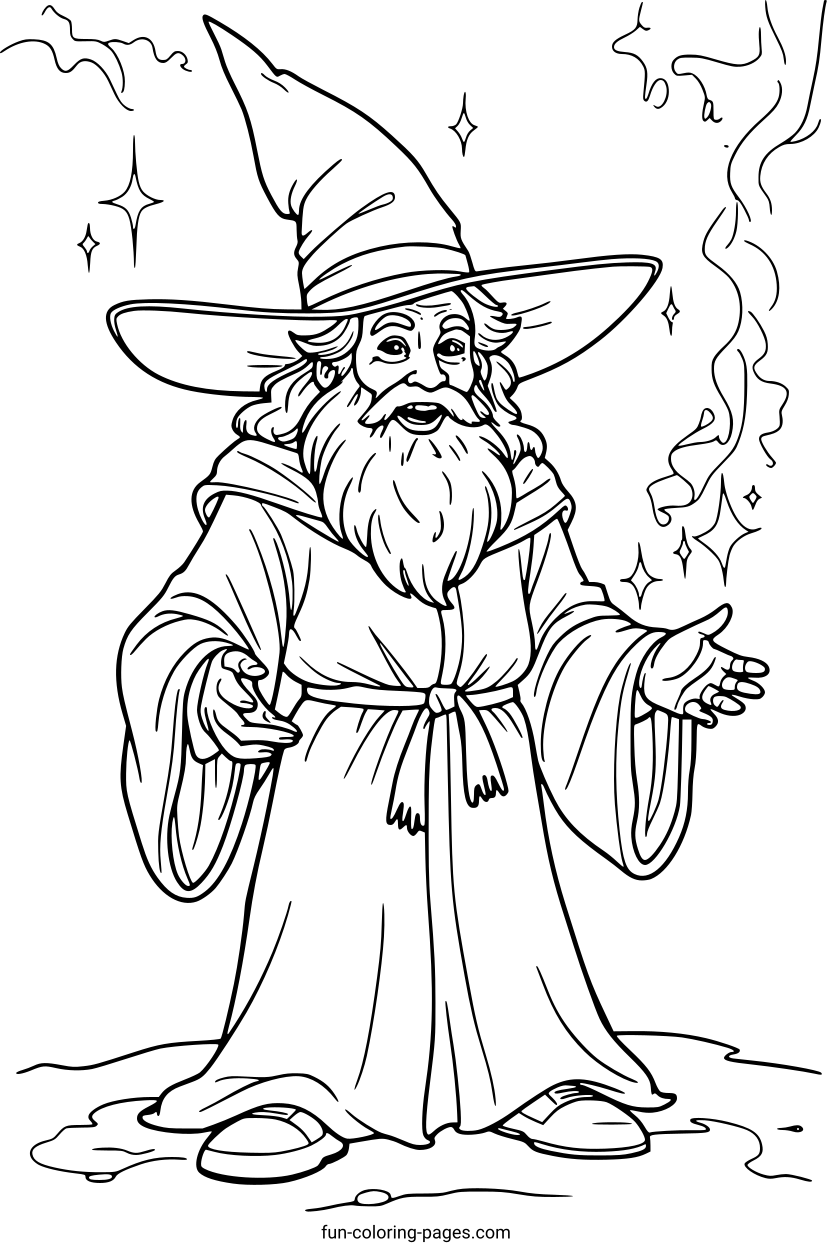 Wizard Casting a Spell – free printable coloring page, available as PDF and SVG