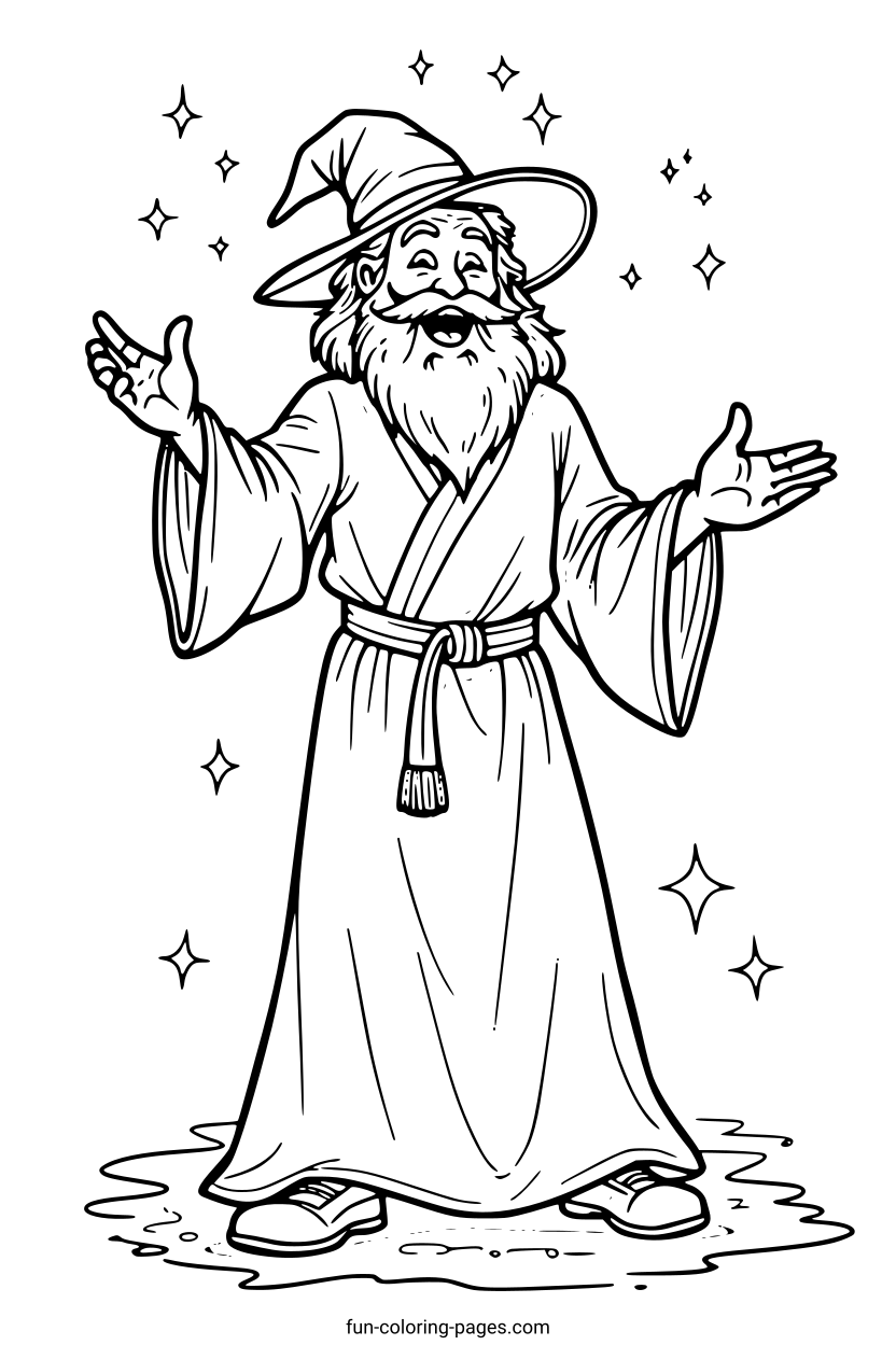 Wizard Casting Spell – free printable coloring page, available as PDF and SVG