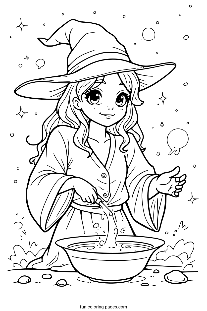 Witch Making a Potion – free printable coloring page, available as PDF and SVG