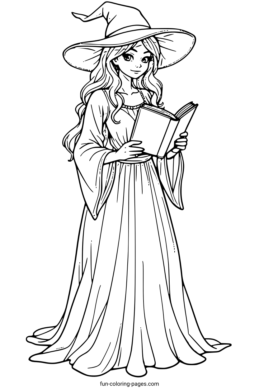 Witch Reading a Spellbook – free printable coloring page, available as PDF and SVG