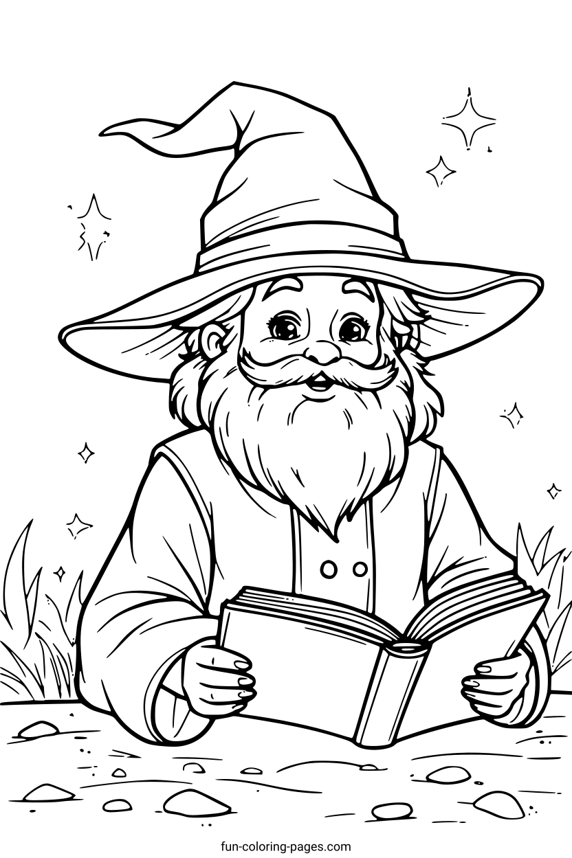 Wizard Reading a Spellbook – free printable coloring page, available as PDF and SVG