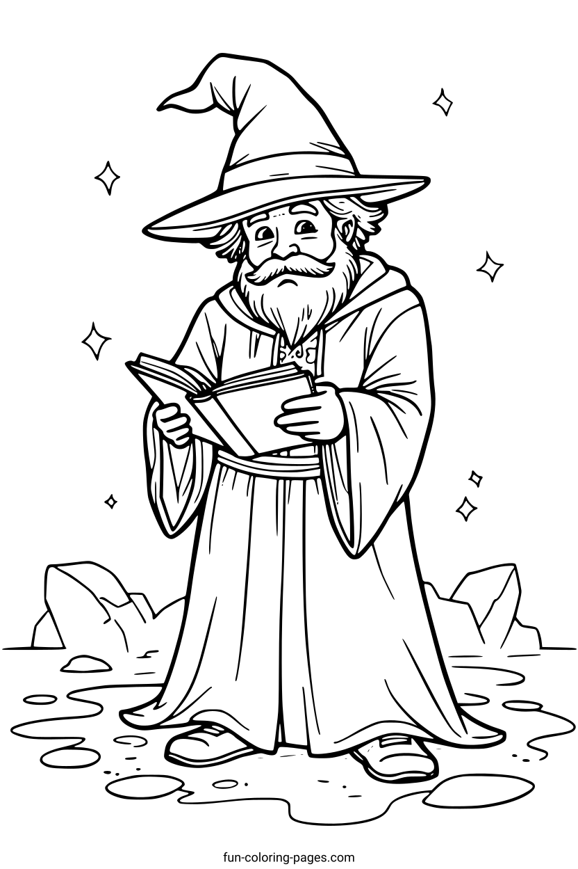 Wizard Reading Book – free printable coloring page, available as PDF and SVG