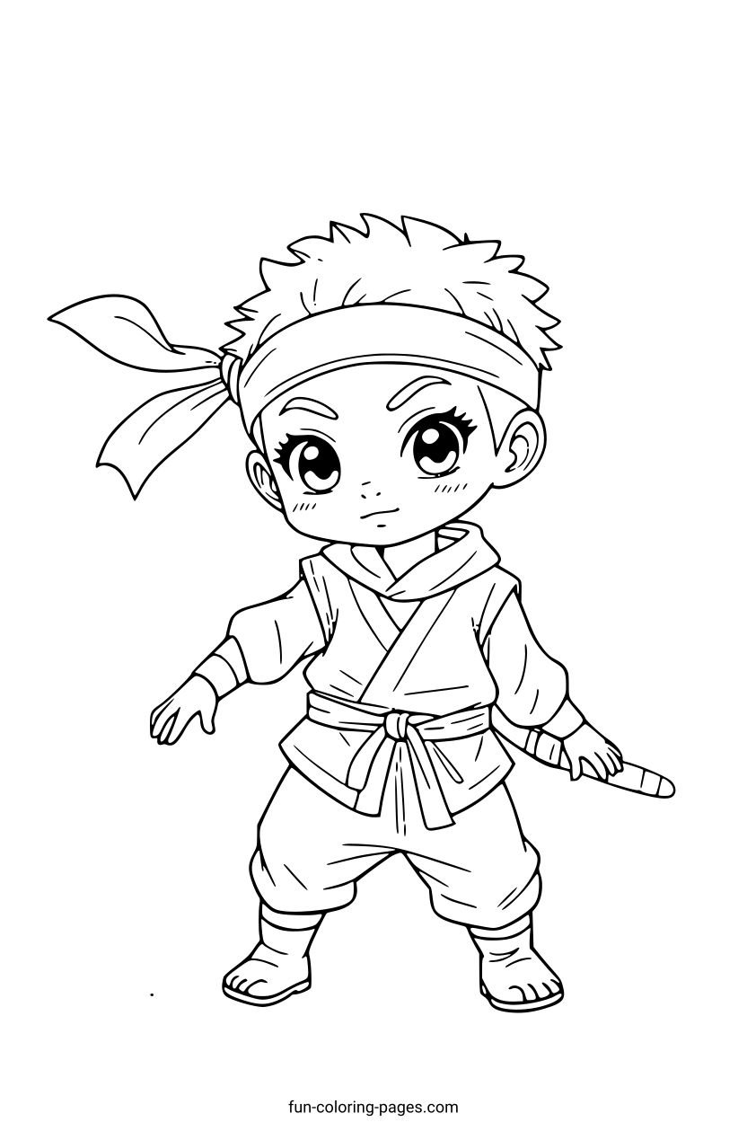 Young Ninja in Action Pose – free printable coloring page, available as PDF and SVG