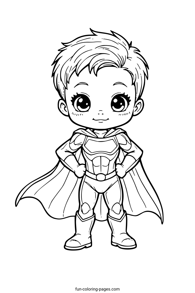 Young Superhero with Cape – free printable coloring page, available as PDF and SVG