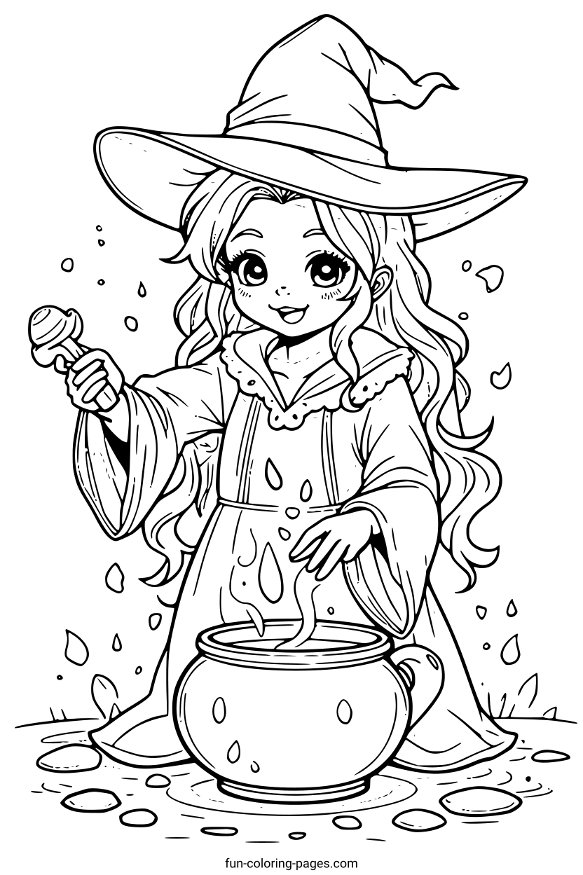 Young Witch Casting a Spell – free printable coloring page, available as PDF and SVG