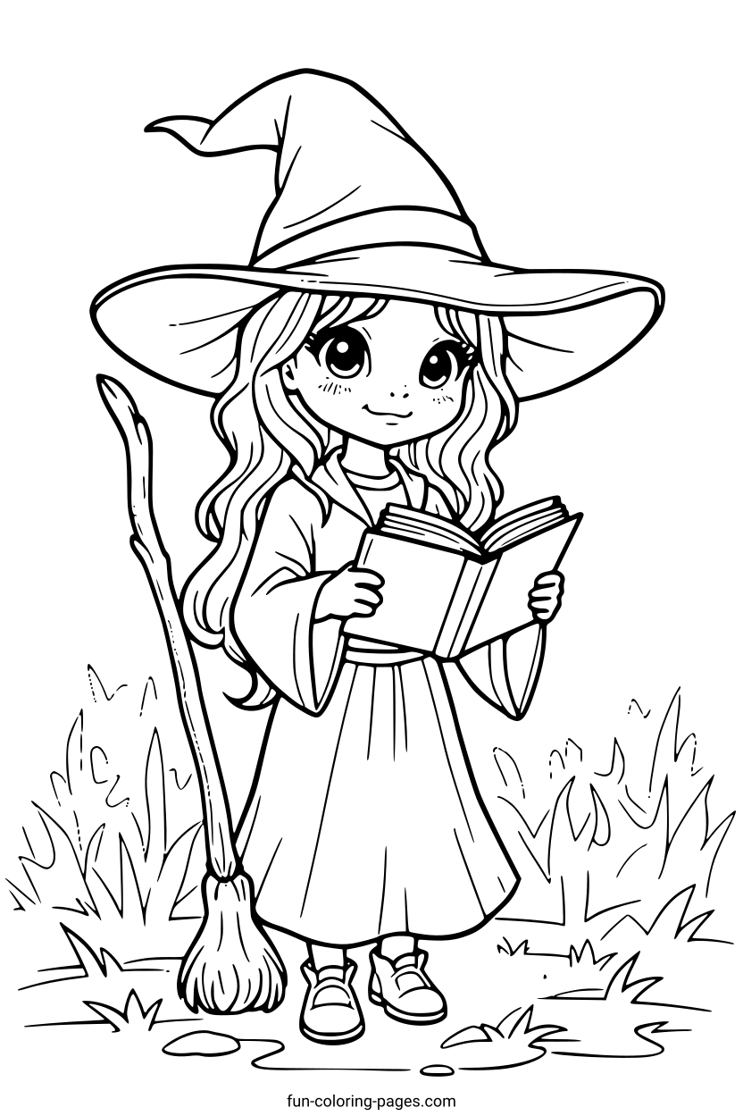 Young Witch Reading Book – free printable coloring page, available as PDF and SVG