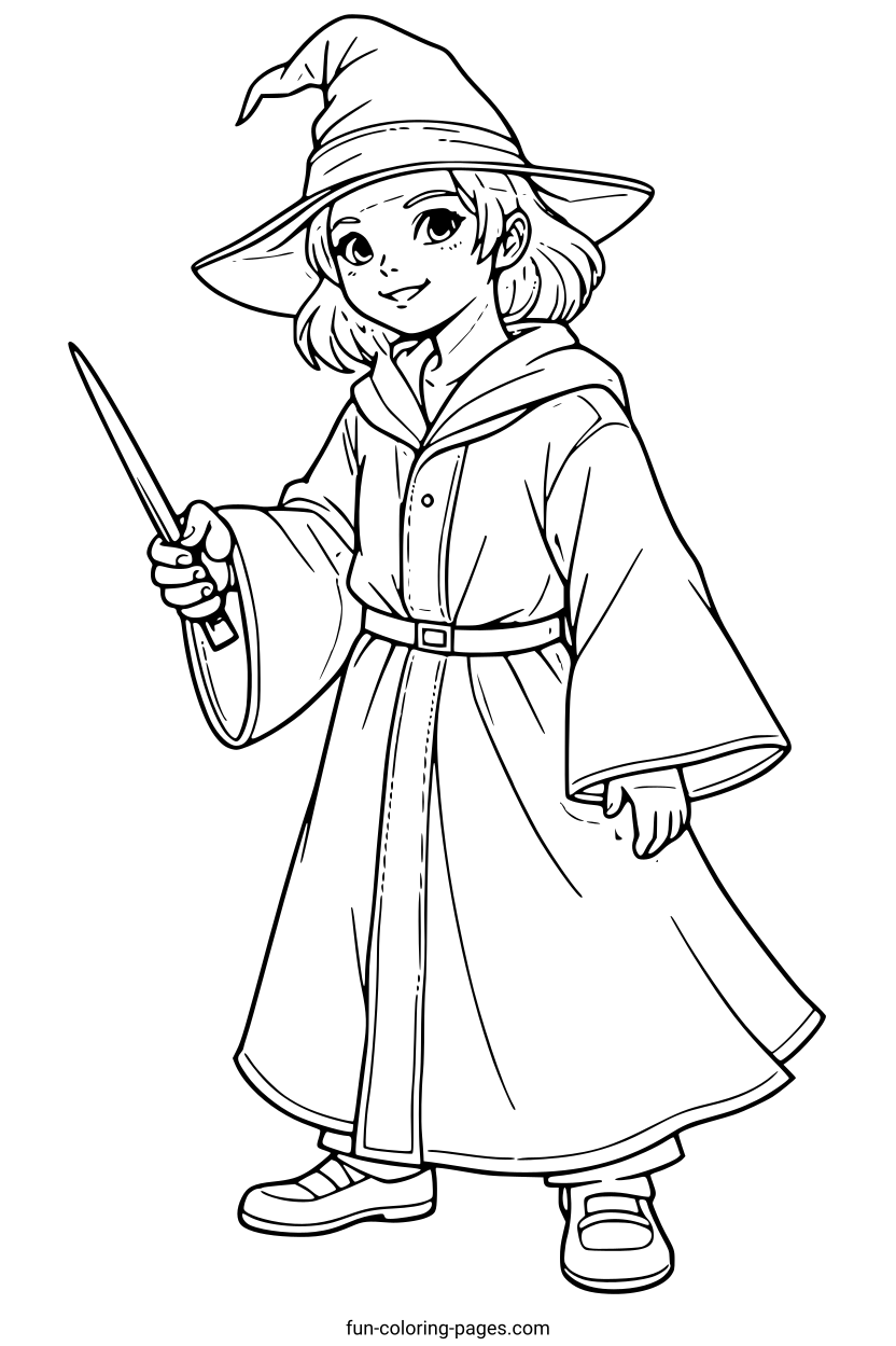 Young Wizard with Wand – free printable coloring page, available as PDF and SVG